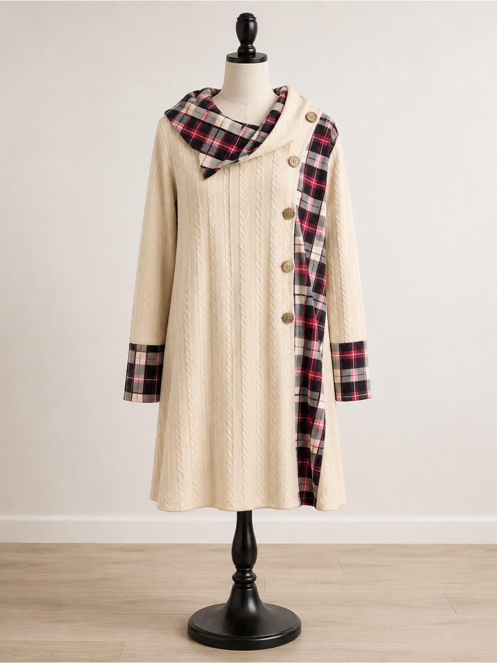 Cream Long-Sleeve Cable Knit Dress with Plaid Trim